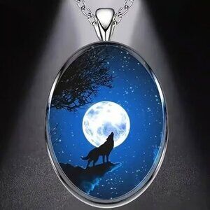 Silver Oval Shaped WOLF Moon Pendant Necklace
